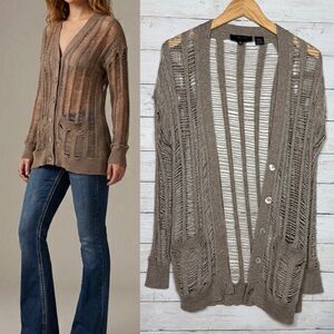 Miss Me Open Knit Shredded Cardigan Taupe Wool Blend Size L